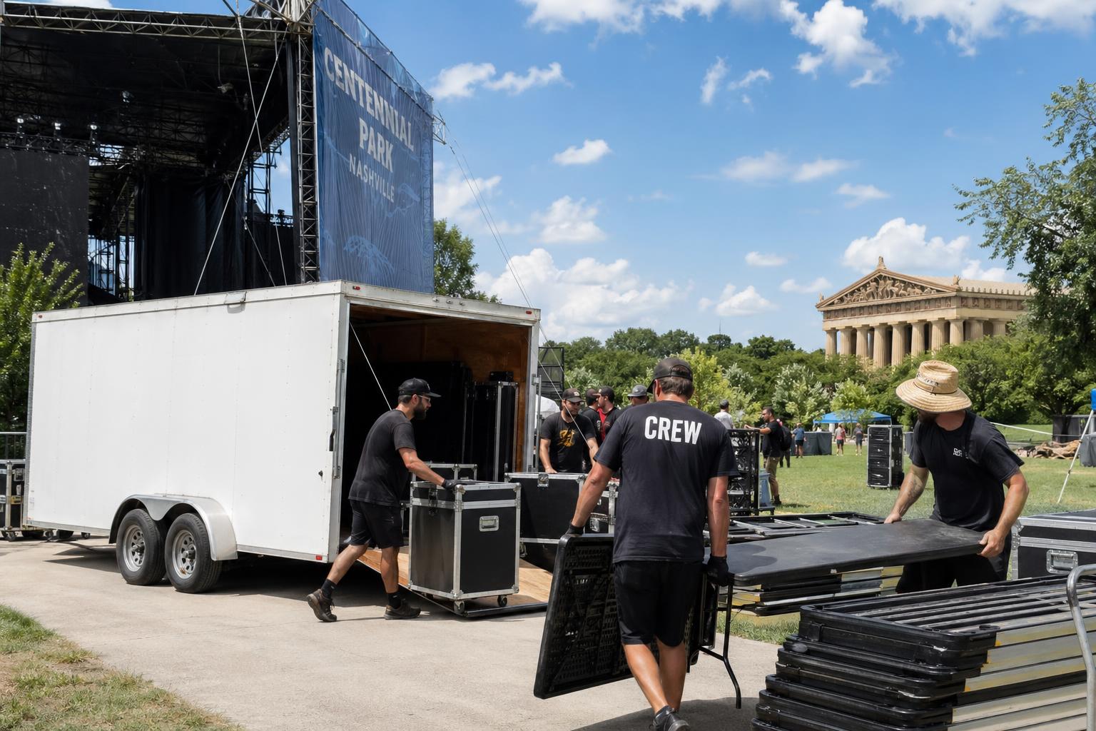 A Hauling Patriots enclosed trailer parked behind a stage at Centennial Park during a Musicians Corner community concert in Nashville