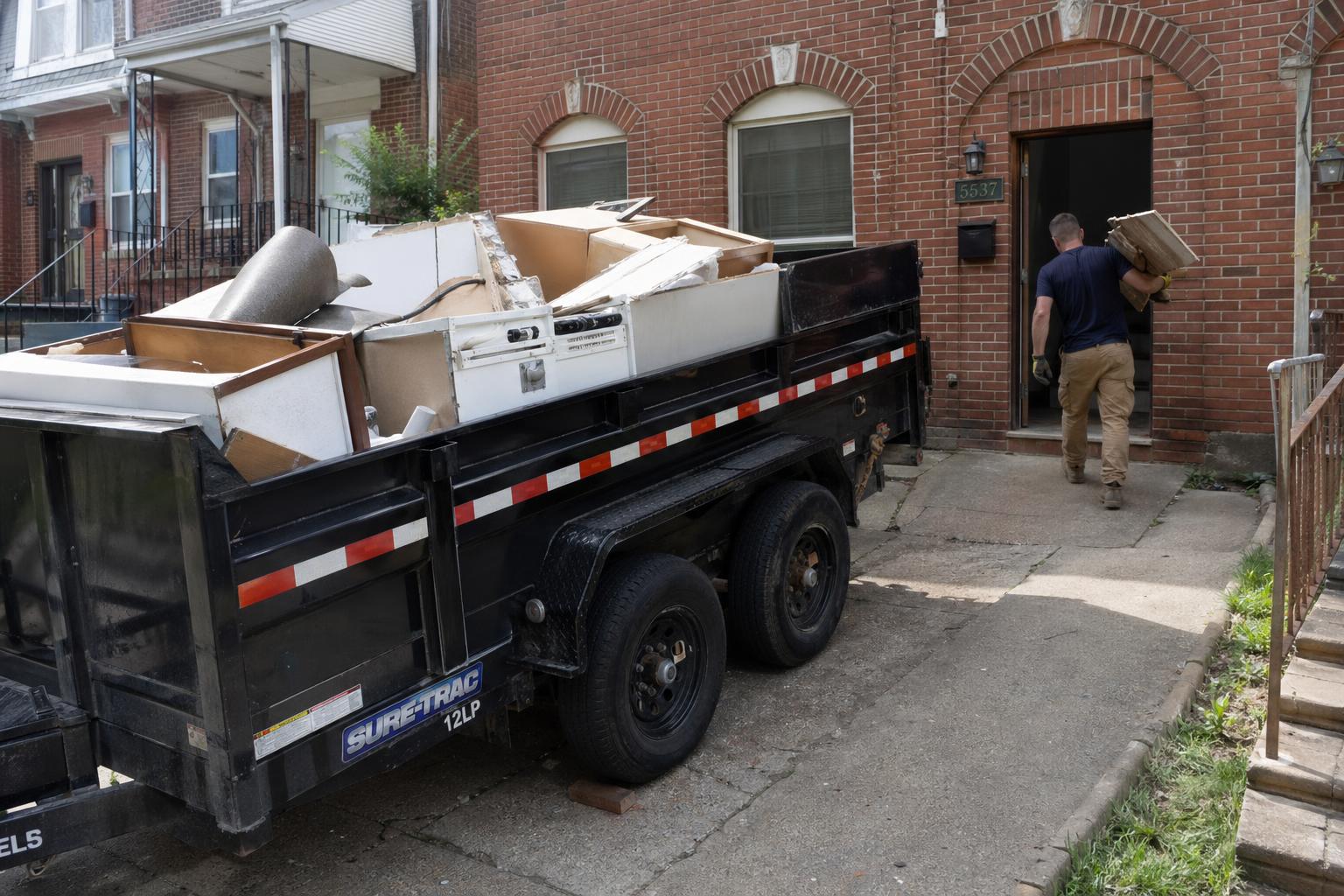 A Hauling Patriots dump trailer parked in a Germantown driveway loaded with cabinets, drywall, and old flooring from a kitchen renovation