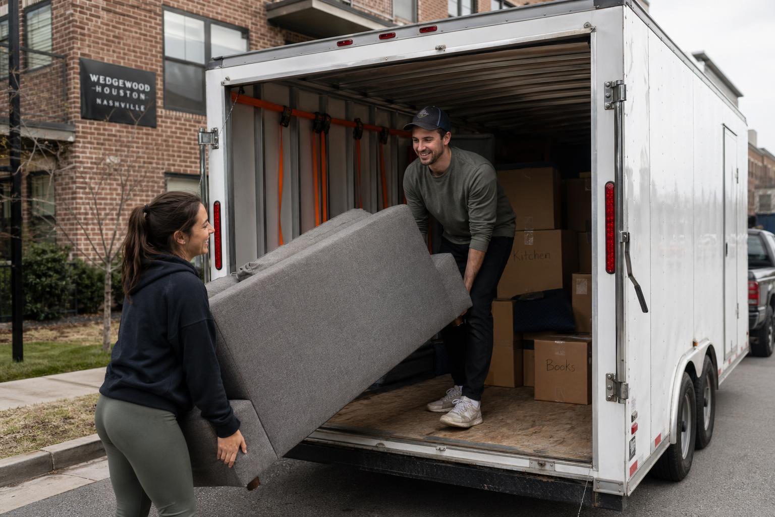 A young couple loading boxes and a couch into a Hauling Patriots 16-foot enclosed trailer outside a Nashville apartment building