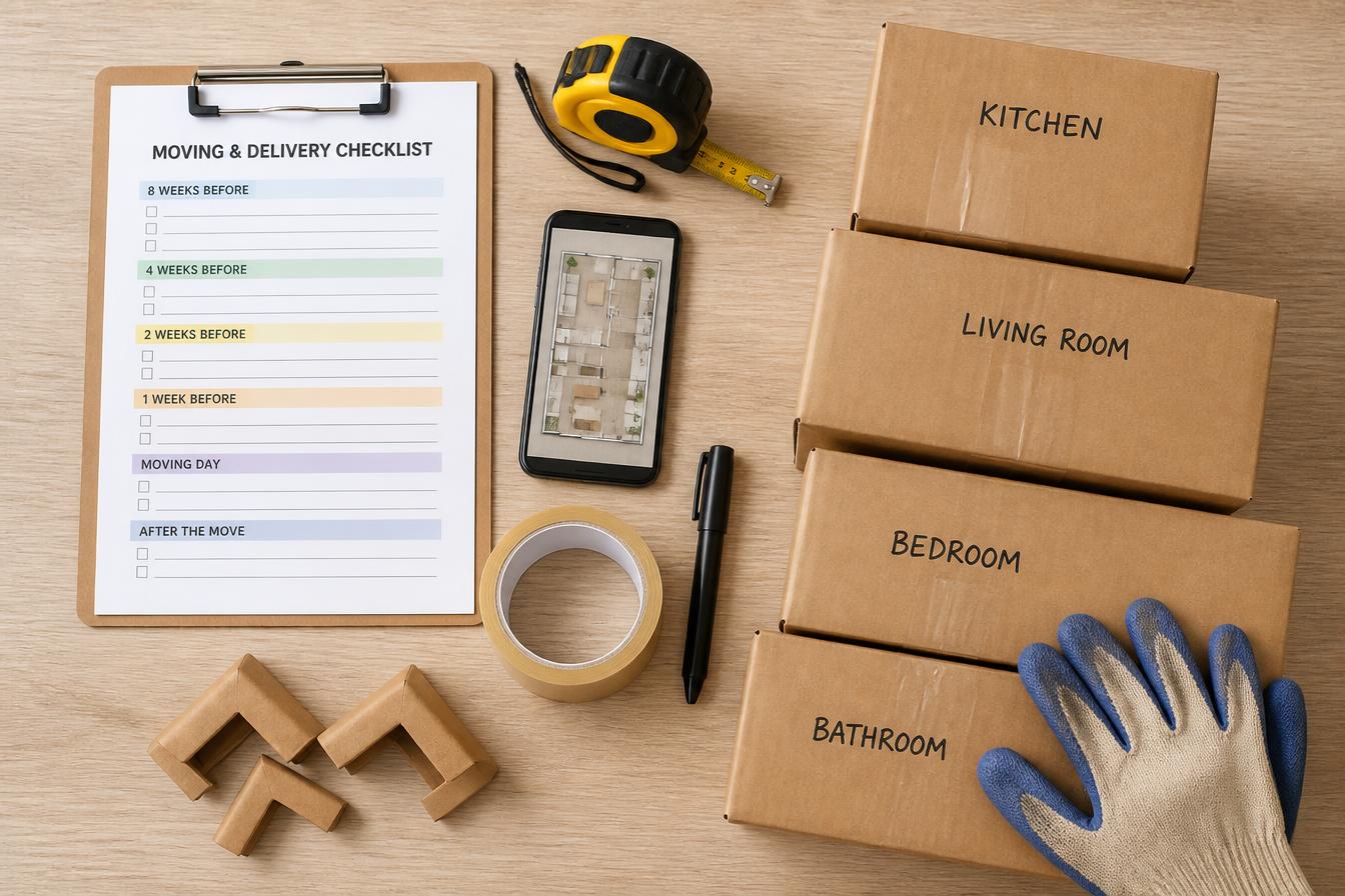 A moving and delivery checklist on a clipboard next to labeled boxes, a tape measure, and packing supplies