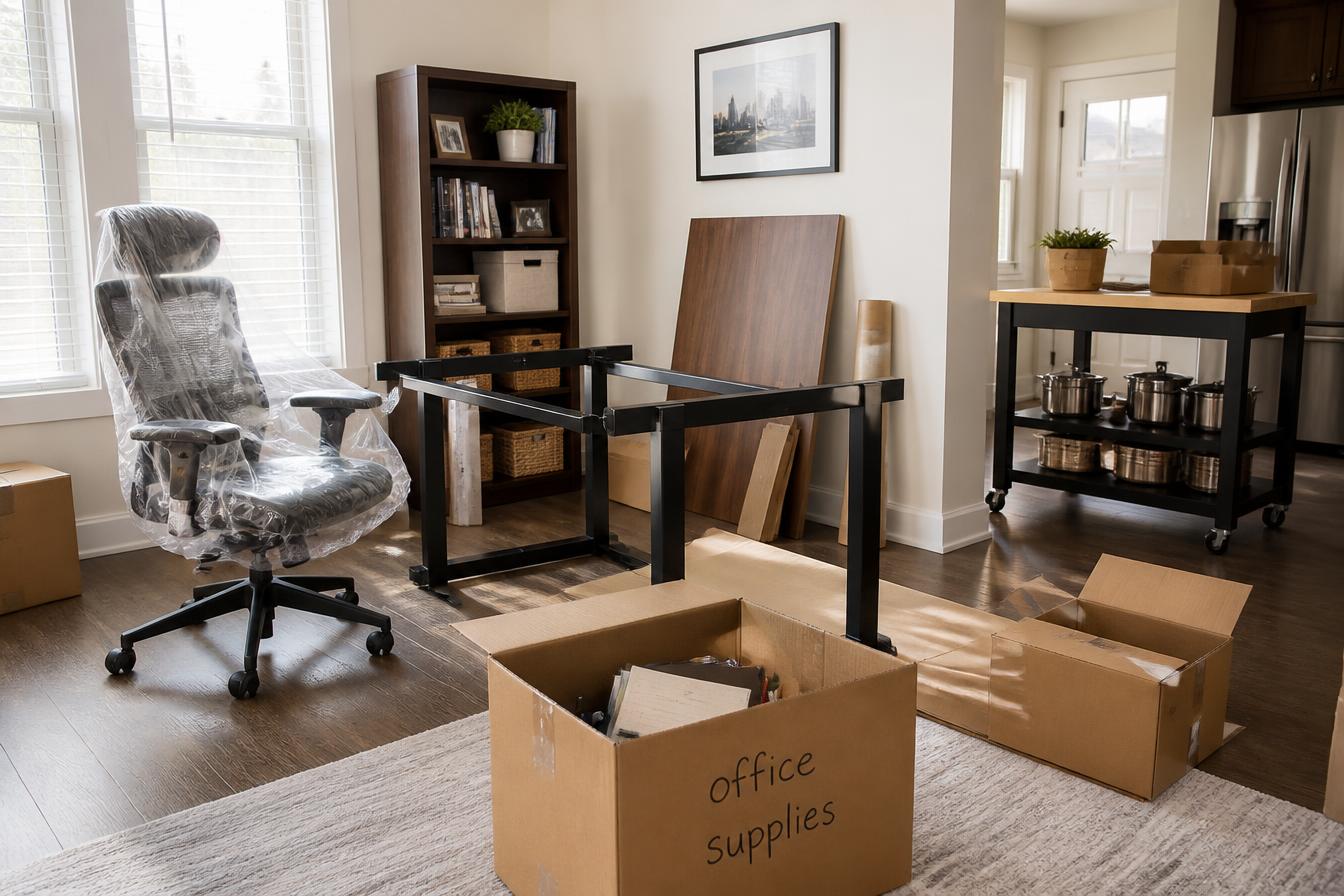 A Nashville home office mid-move with moving boxes, a partially assembled desk, an ergonomic chair, and a kitchen cart