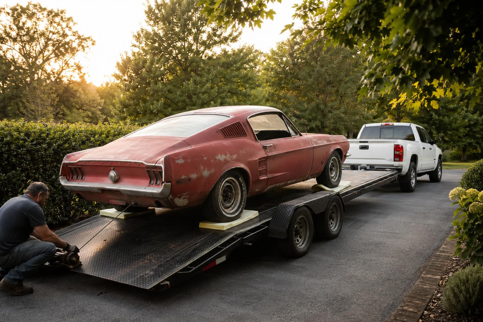 A vintage 1967 Ford Mustang being winched onto a Hauling Patriots long flatbed vehicle trailer in a Brentwood driveway for transport to a Murfreesboro restoration shop