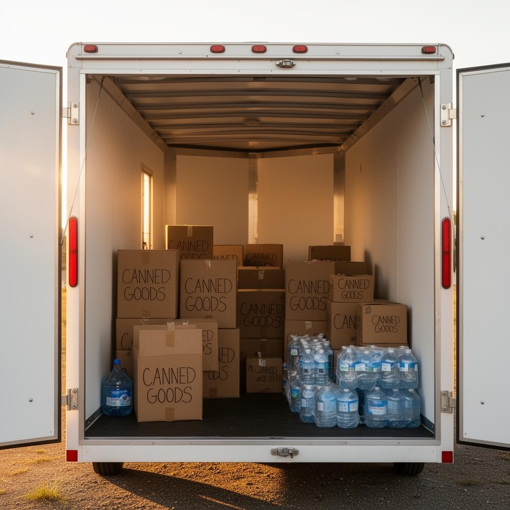 Interior of a Hauling Patriots enclosed trailer in Nashville fully loaded with cardboard boxes of canned food and household donations bound for Second Harvest Food Bank