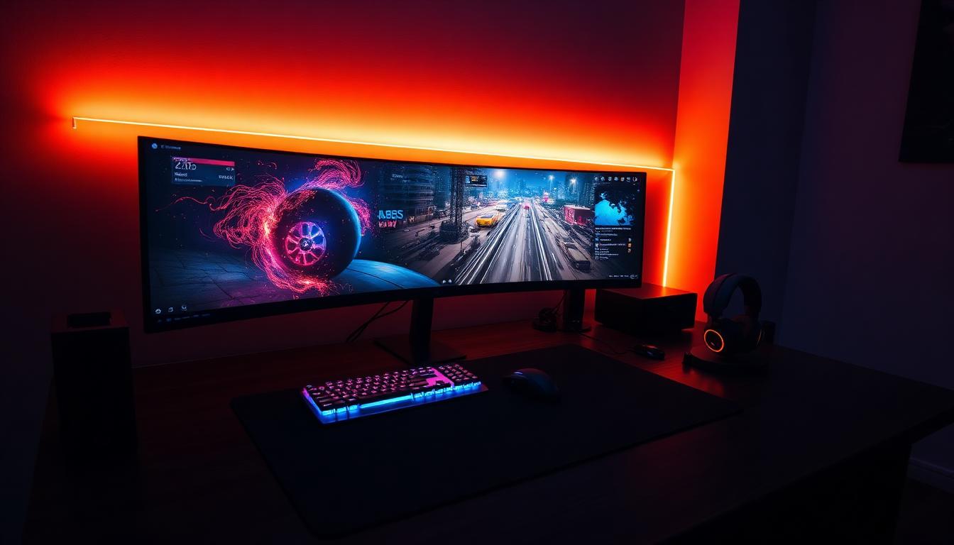 A modern gaming desk setup with a curved ultrawide monitor, backlit keyboard, gaming mouse on a large desk mat, and warm ambient LED lighting