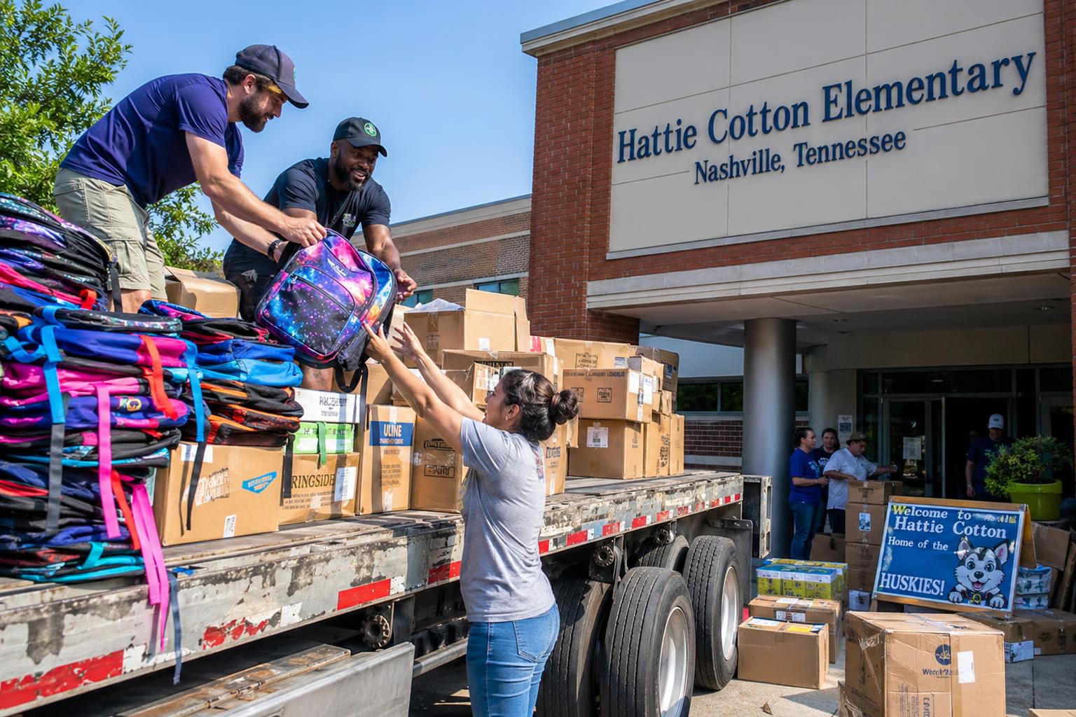 Stacks of new backpacks and school supply boxes being unloaded from a Hauling Patriots flatbed trailer at a Nashville elementary school in Davidson County