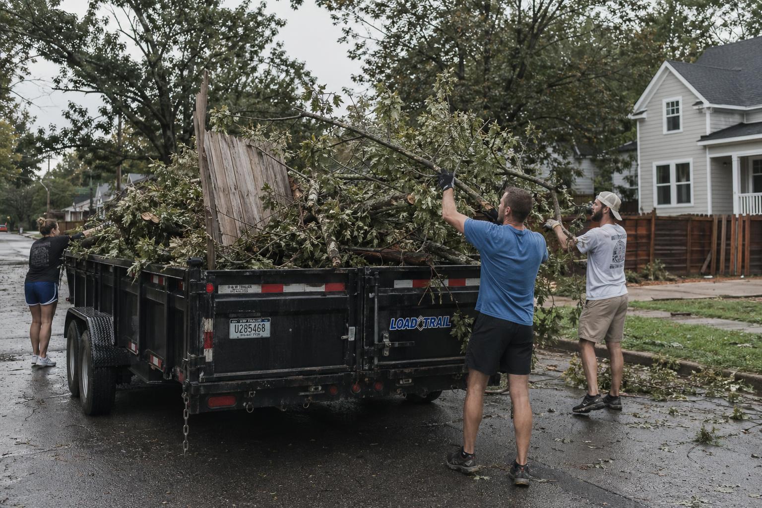 A Hauling Patriots dump trailer being loaded with broken tree limbs and storm debris on a residential East Nashville street after a severe spring storm