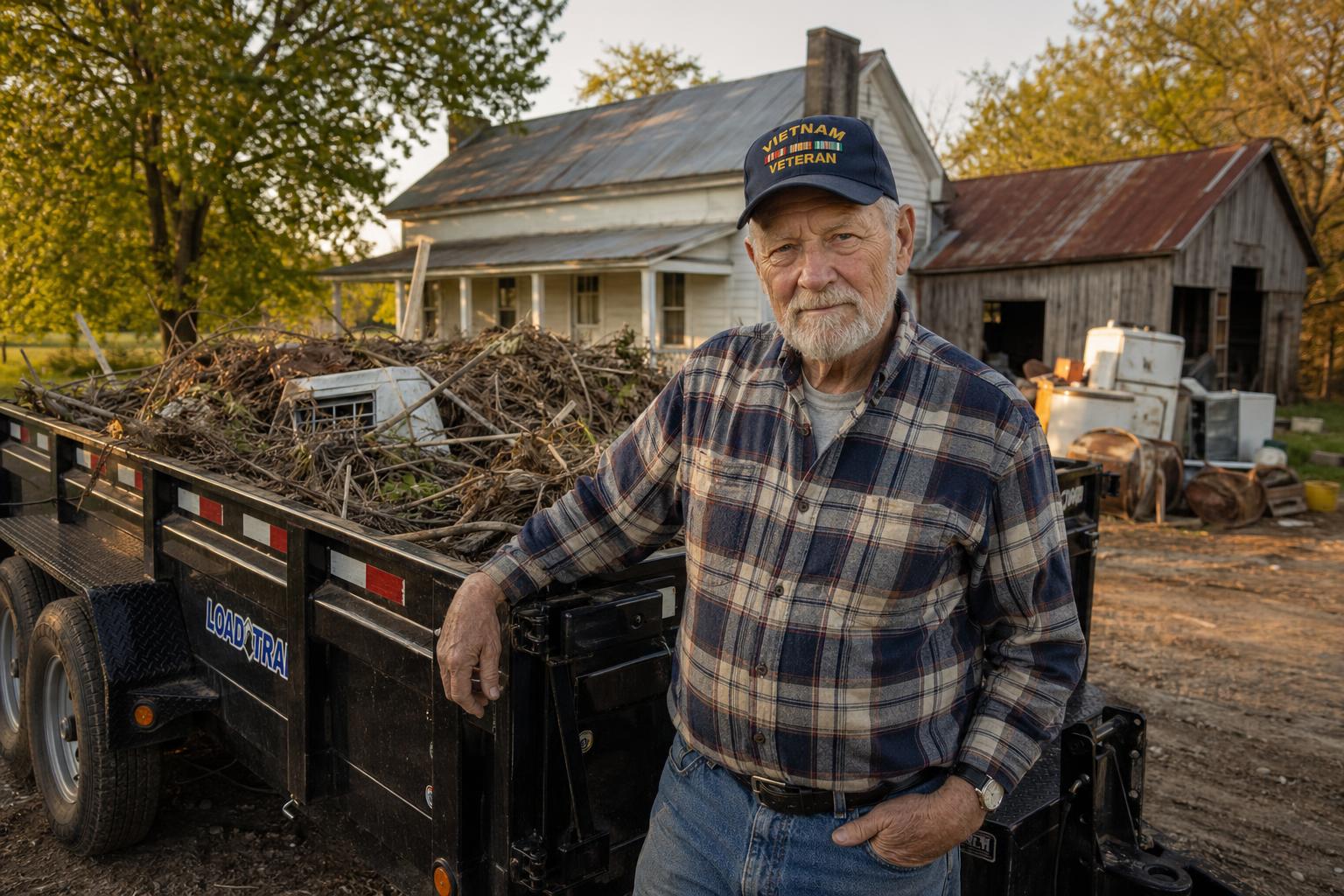 An older man in a veterans cap standing next to a fully loaded Hauling Patriots dump trailer on a rural Clarksville property cleanup job